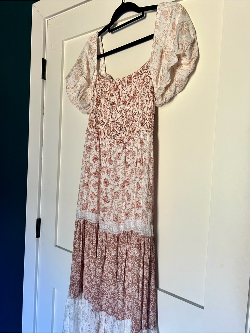 Altar'd State Cream Dress with brown and rust Floral Print and lace medium - Picture 3 of 5